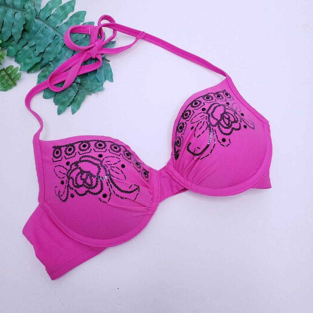 new M Pink Swimsuit Bikini Top Push Up MEDIUM Embellished Swim Padded 34C 8 10